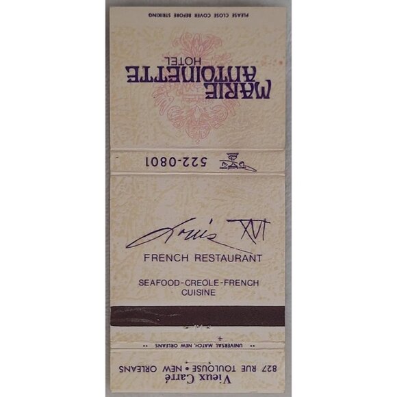Vtg Matchbook Cover Marie Antoinette Hotel New Orleans Vieux Carre Louis XVI - Picture 2 of 5